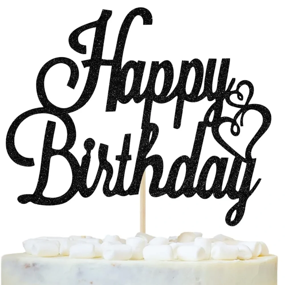 Black Glitter Happy Birthday Cake Topper, Birthday Party Decorations